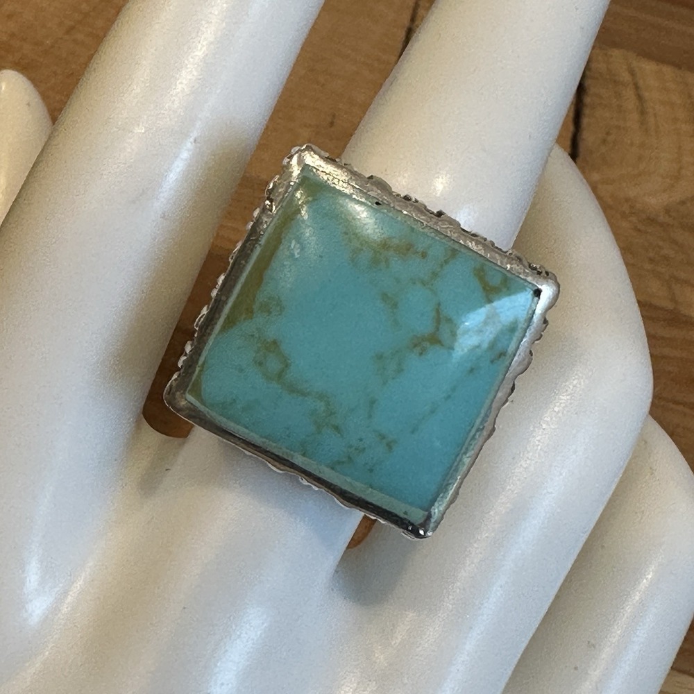 Vintage Accent Ring Size 8 Faux  Blue Turquoise Square Ornate 925K Sterling 9.8g